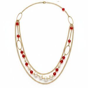CREATION - 3 layers necklace - Red beads & white pearls - gold chains